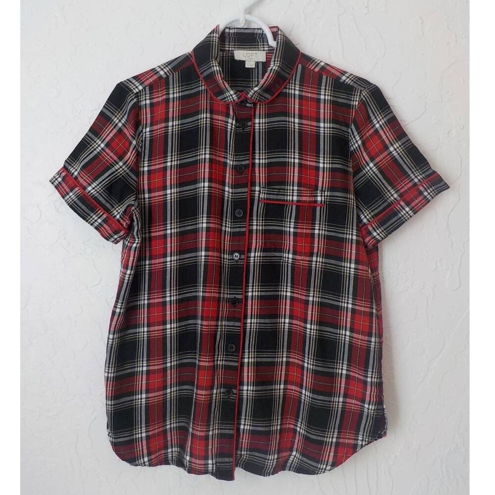 Loft Sleep Button Up Shirt Red Black Plaid Cotton Short Sleeves Women size Small